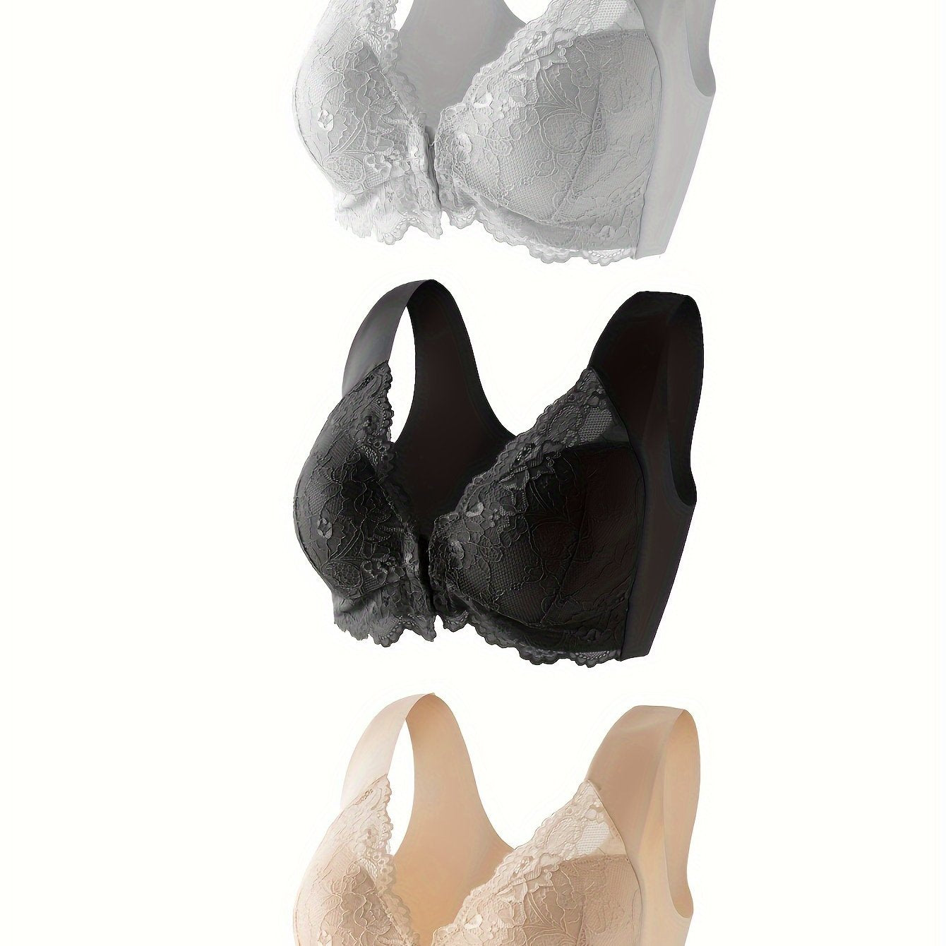 Women's Black Floral Lace Push-Up Bralette Wireless Front Closure Seamless Lingerie