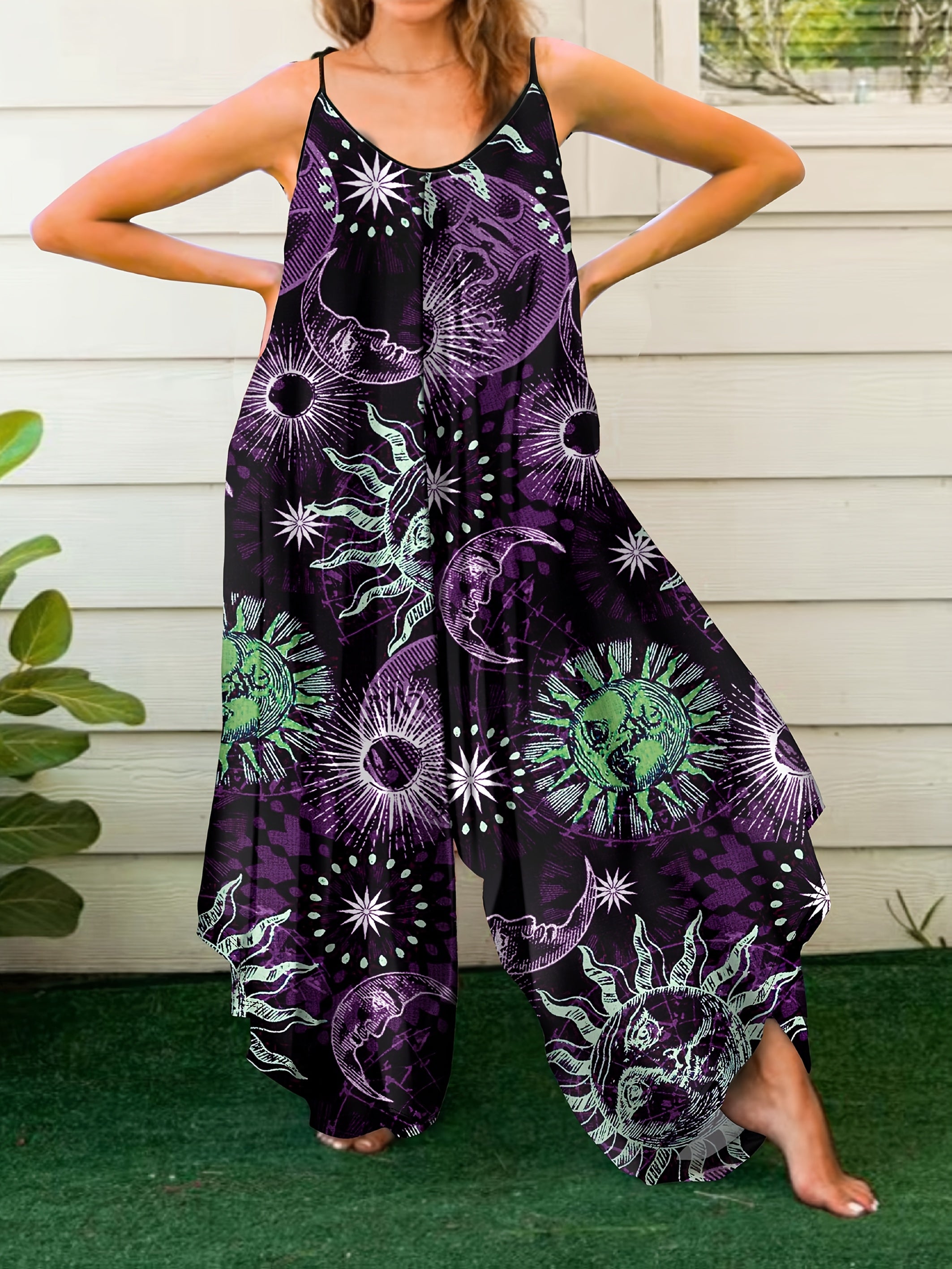 Plus Size Women's Tie-Dye Sleeveless Jumpsuit with Floral Star Print