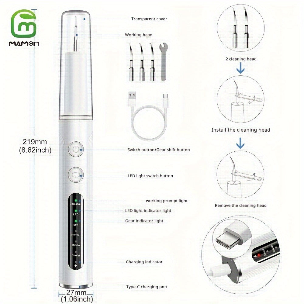 Teeth Cleaning Kit Rechargeable Plaque Tartar Remover with LED Light Stainless Steel Tools 4 Heads