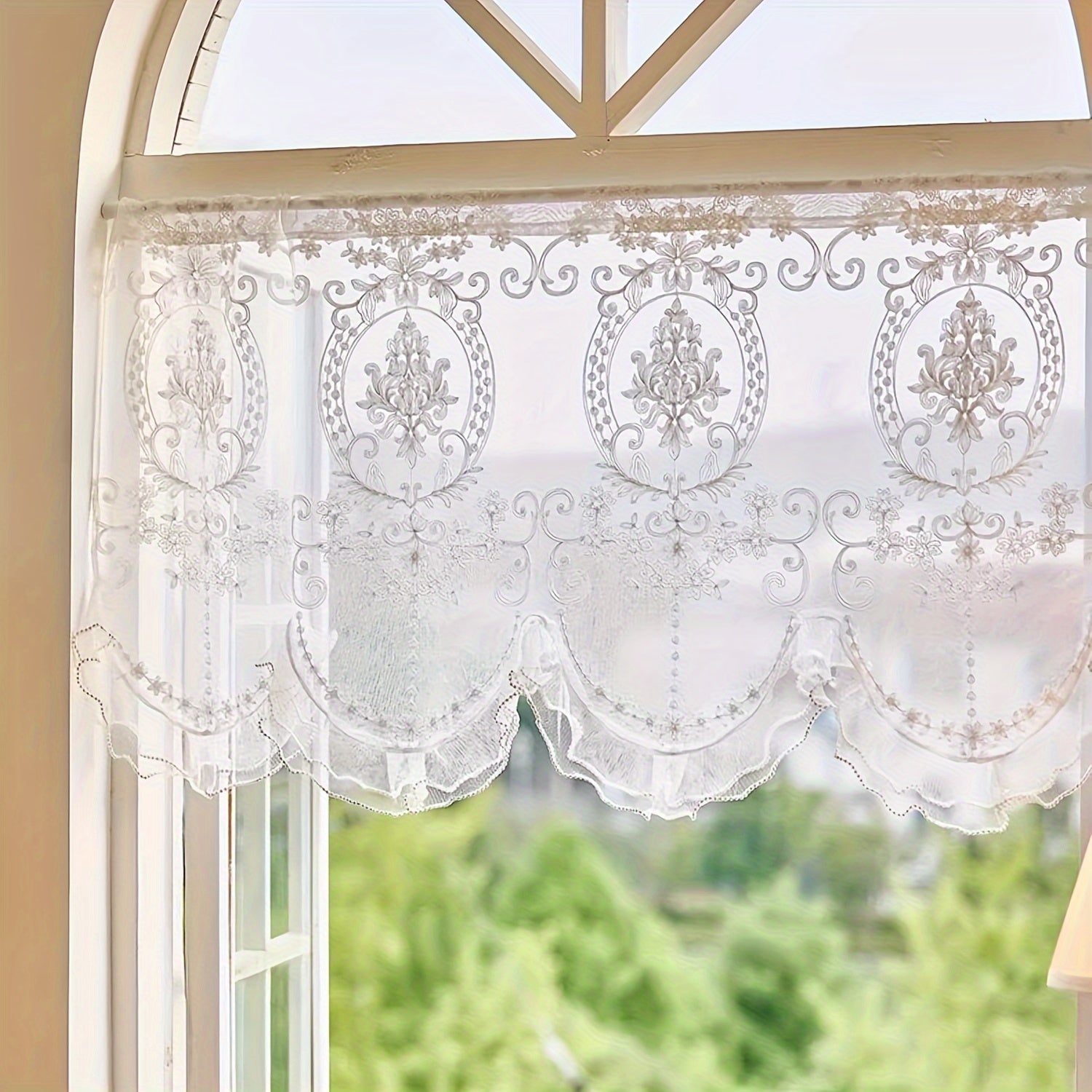 Half Lace Screen Curtain for Arch Door with Self-Adhesive Hook and Loop Fastener