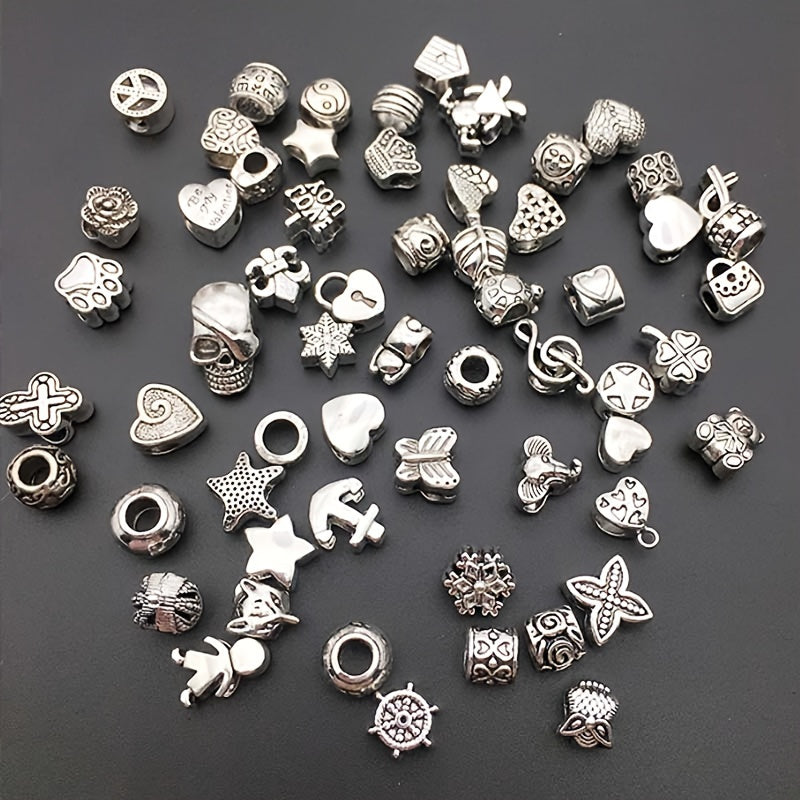60 piezas de charms de cuentas con gran agujero y grabadas en aleación de zinc para hacer joyería