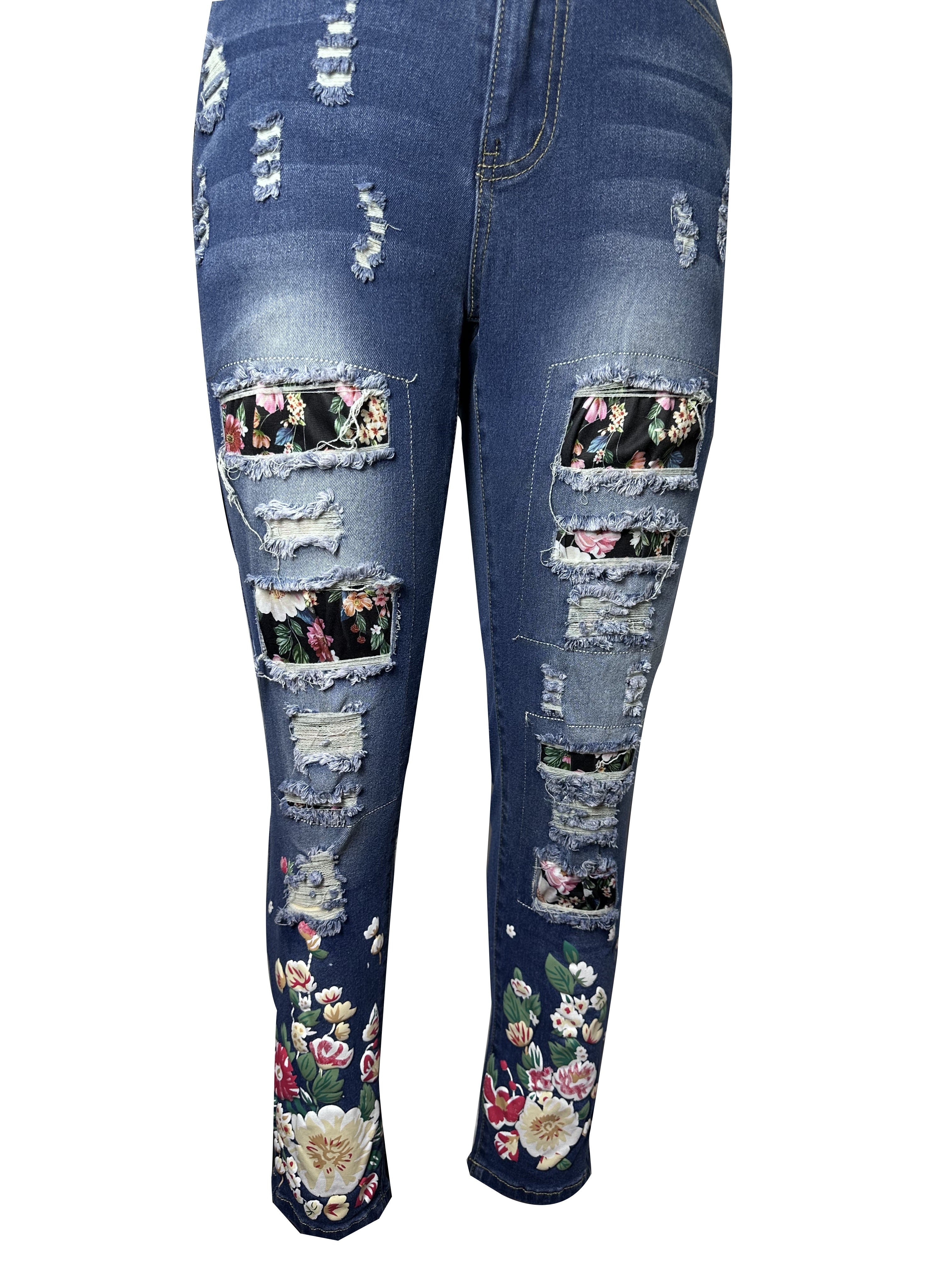 Plus Size Floral Patchwork High-Waisted Skinny Jeans High Rise Denim