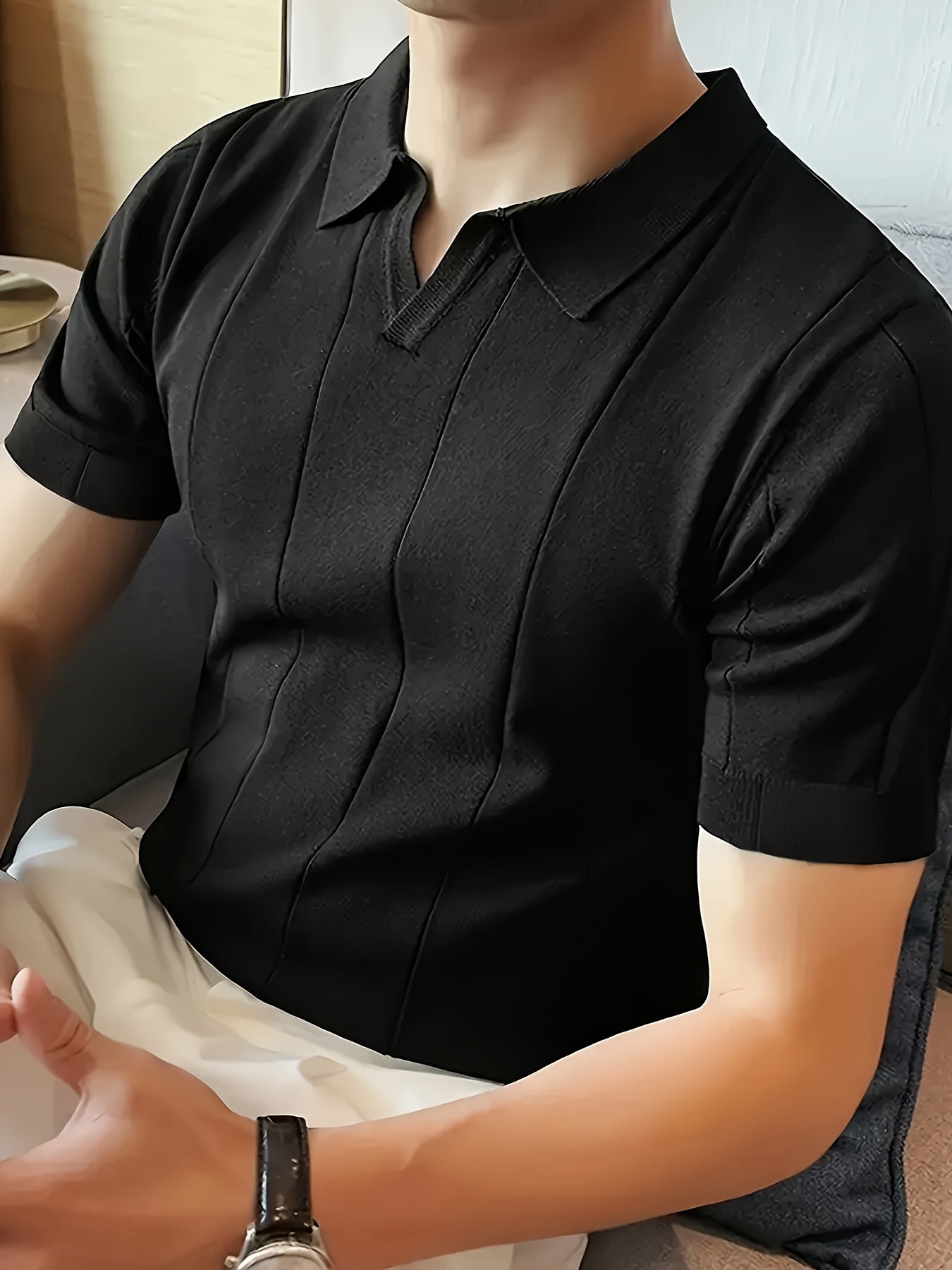 Men's V-Neck Knit Polo Shirt Solid Stripe Short Sleeve Summer Golf Outdoor