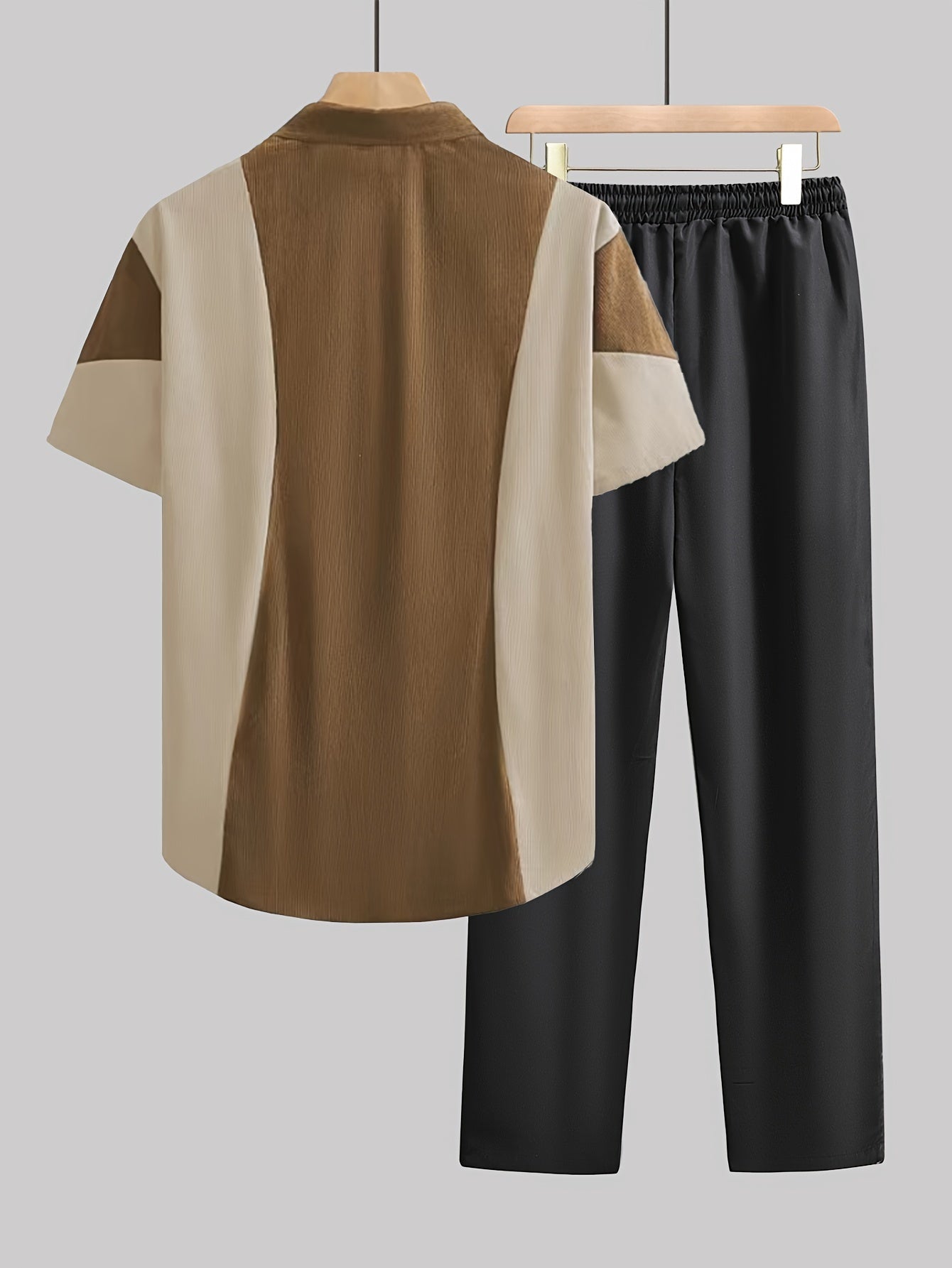 Men's Casual Color Block Striped Short Sleeve Shirt and Drawstring Pants Set