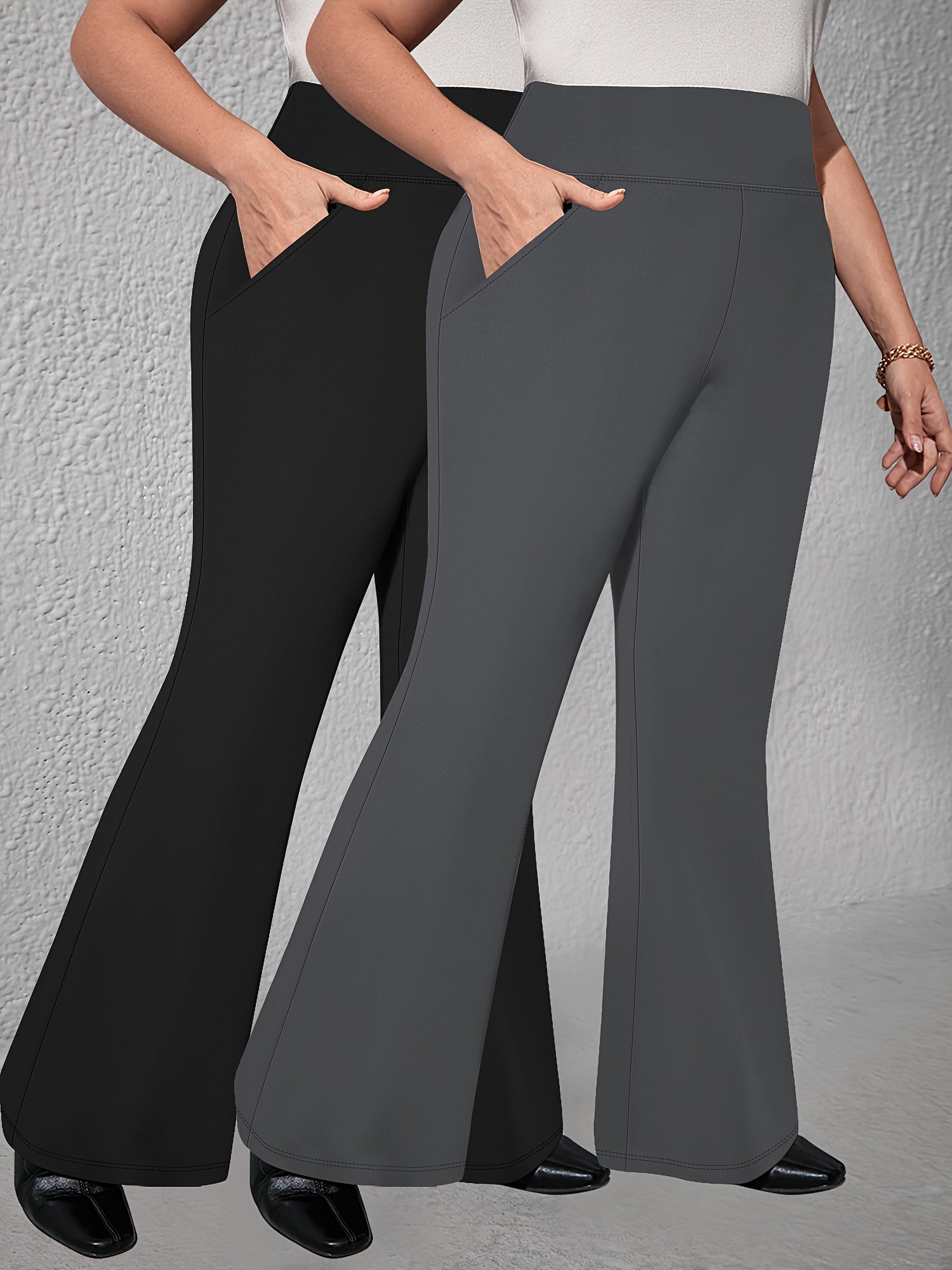 Plus Size High-Waist Flare Pants with Pockets - Stretchy Comfortable All Seasons