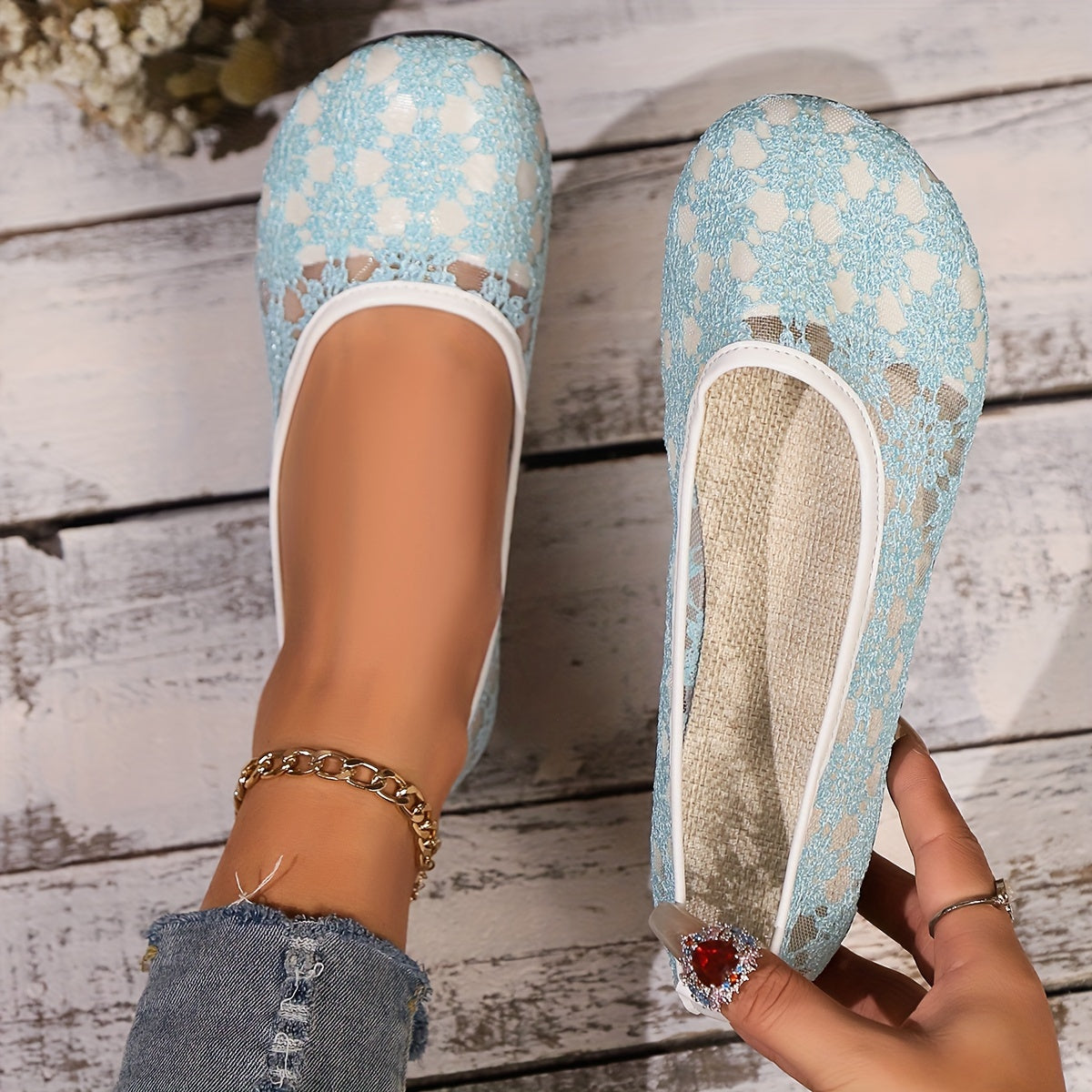 Women's Breathable Mesh Lace Ballet Flats Casual Slip-On Shoes