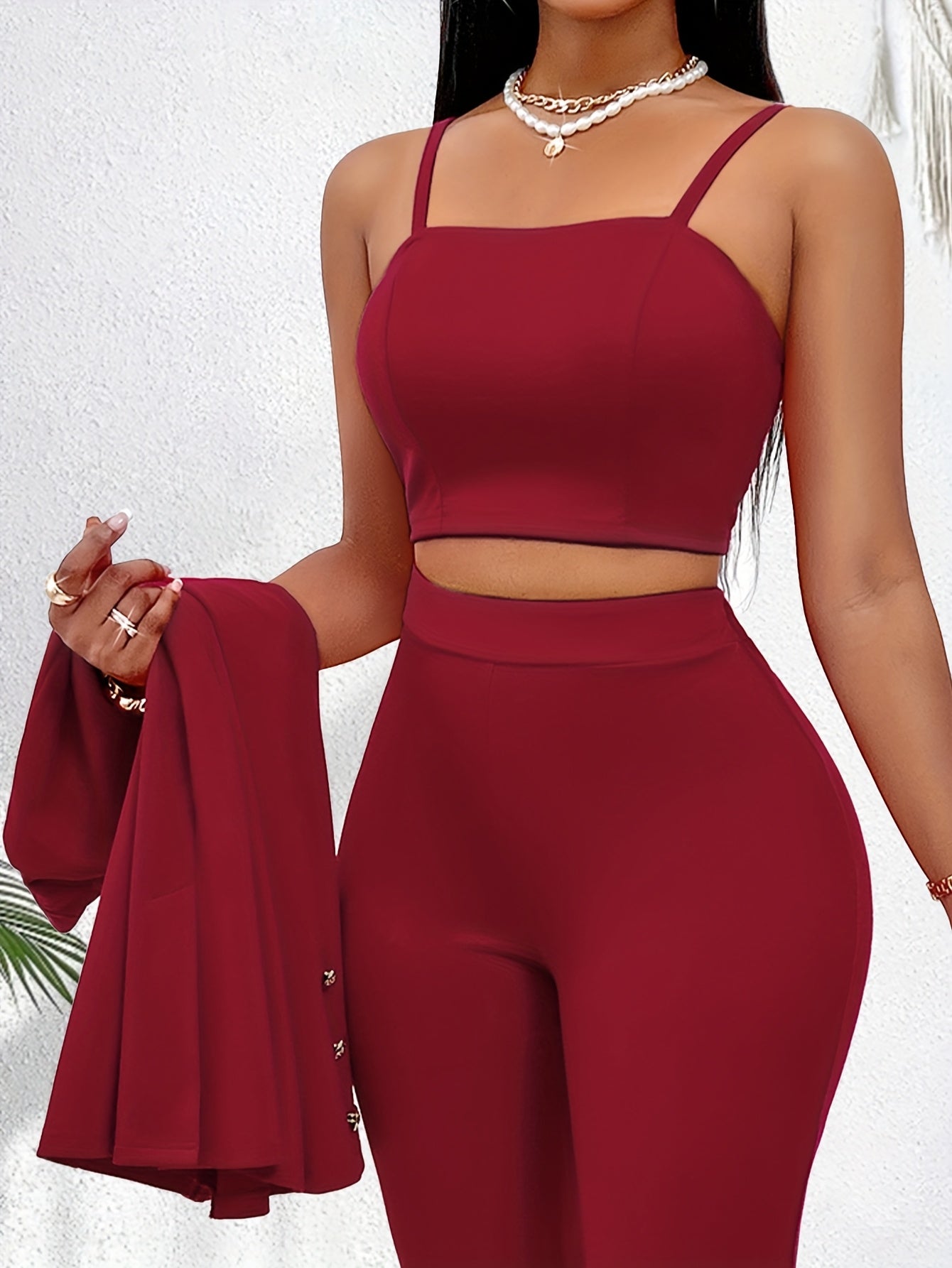 Women's Office Suit Set with Tube Top Cardigan and Trousers - Elegant Fall Woven Polyester