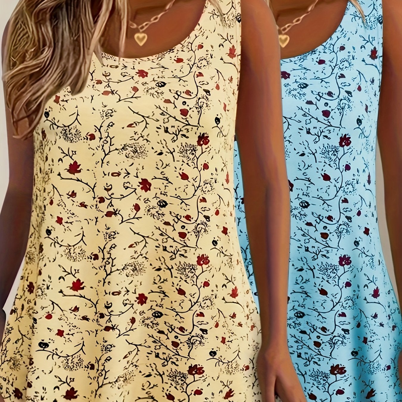 Women’s Floral Print Tank Tops 2 Pack Stretchy Polyester Summer Vests Red Blue