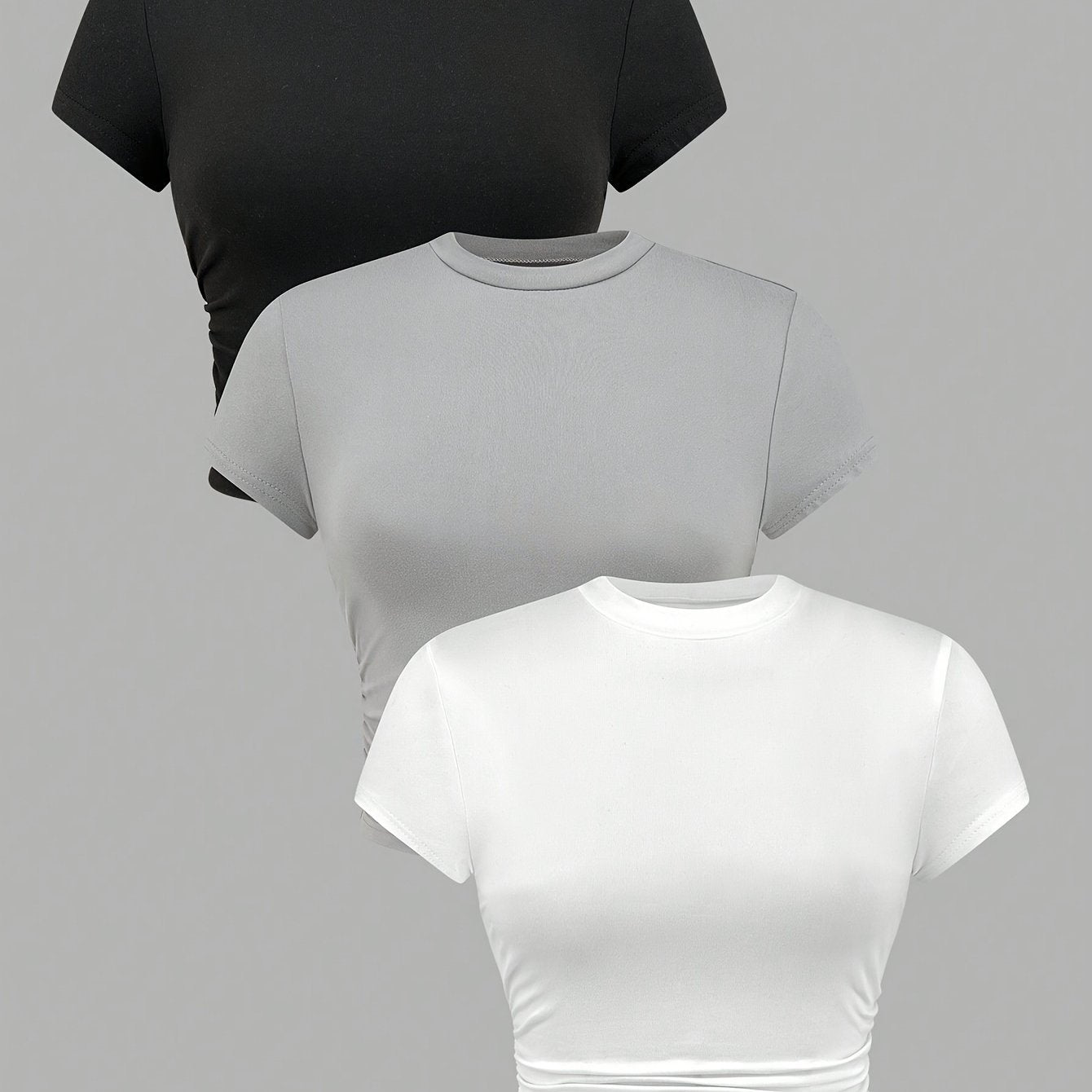 3-Pack Solid Side Ruched Women's Casual Crew Neck Short Sleeve T-Shirts for Spring Summer