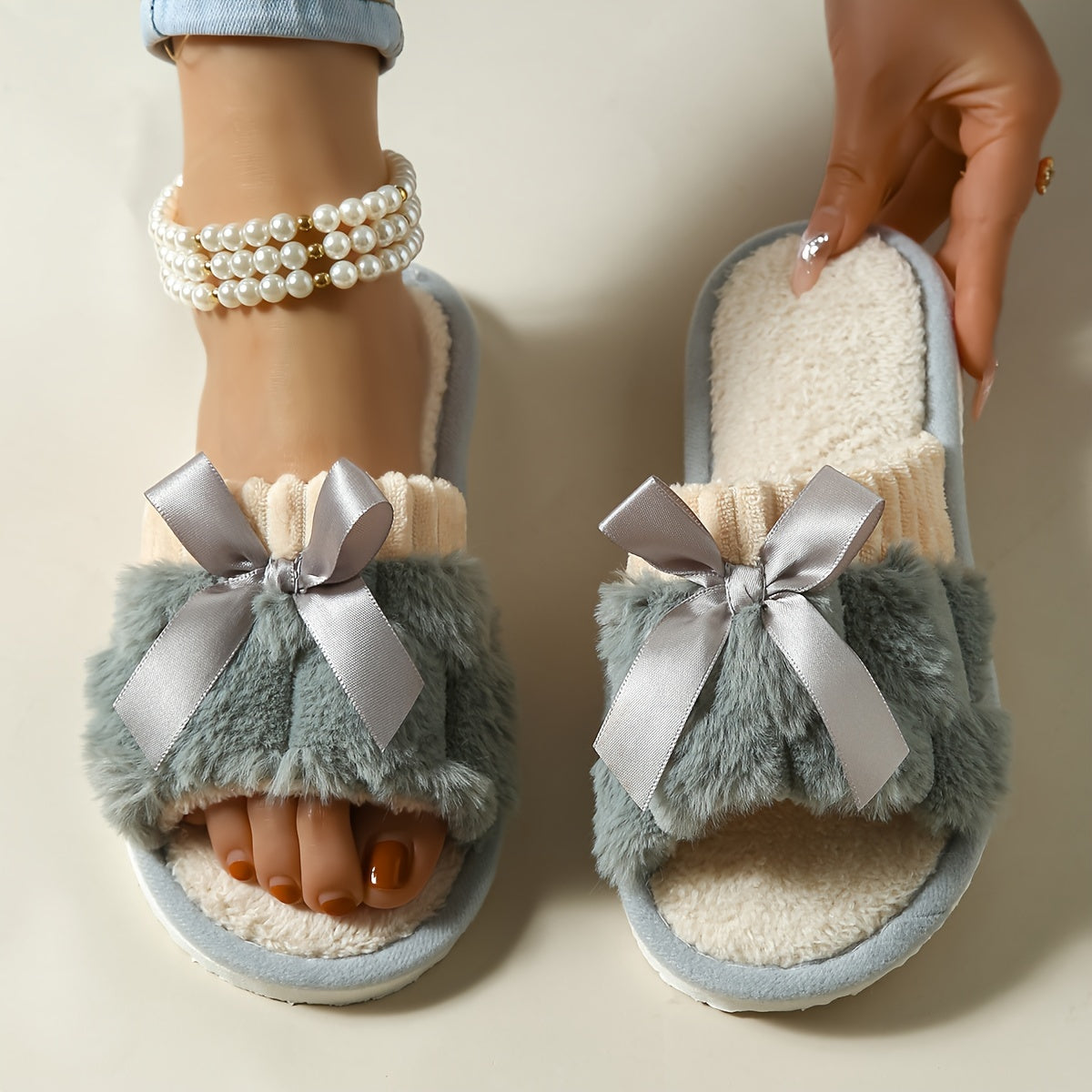 Women's Plush Slide Sandals with Bowknot, Grey and Cream Indoor Outdoor