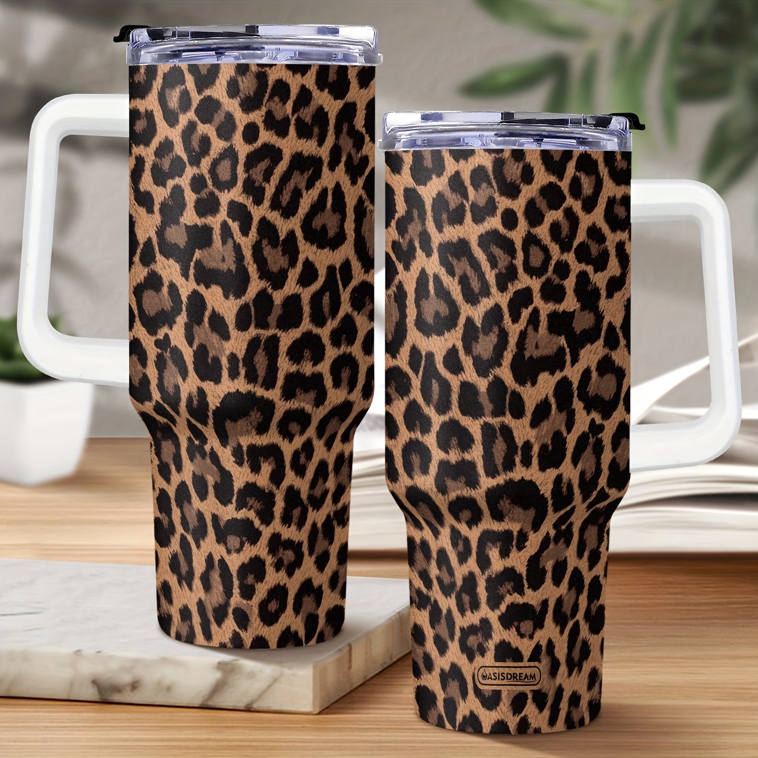 40oz Stainless Steel Tumbler with Handle and Lid Leopard Print Double Wall Vacuum Mug