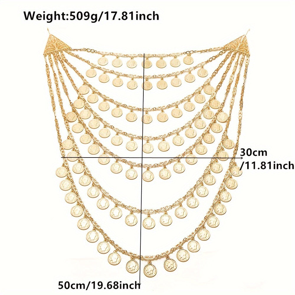 Gold Plated Arabic Bride Chest Chain with Handmade Coin Links for Wedding Jewelry