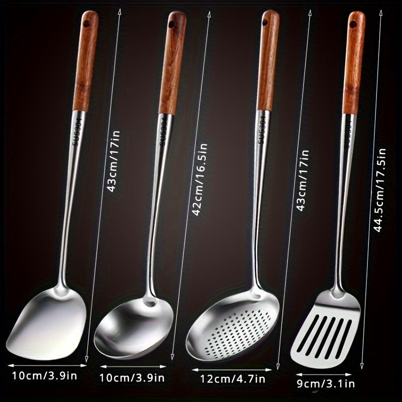 Set of 4 Stainless Steel Wok Utensils with Wooden Handles, 43cm Long, Heat-Resistant