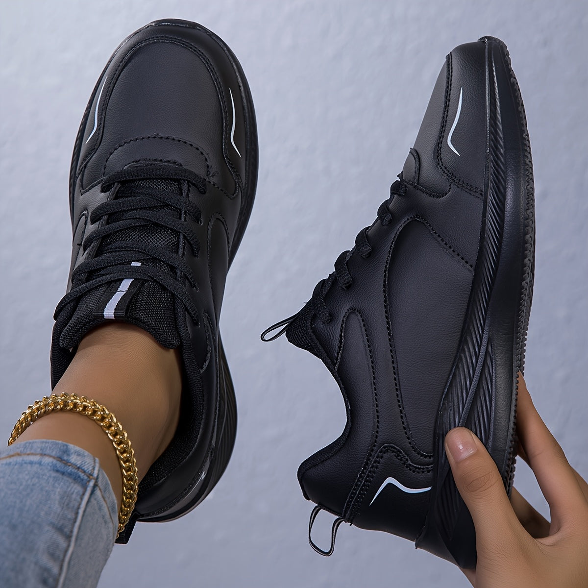 Women's Casual Low-Top Sneakers Soft Sole Korea Style Black Size 7