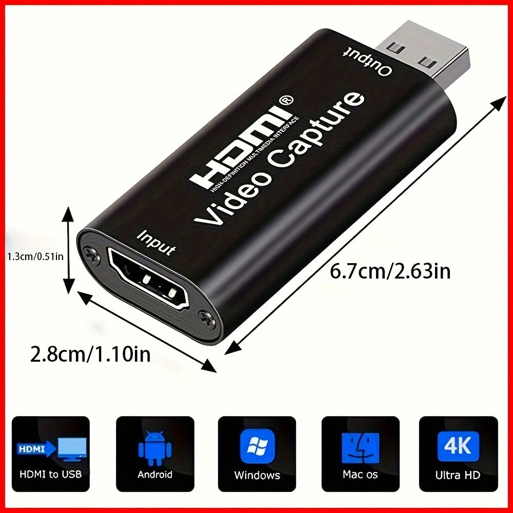 4K HDMI Video Capture Card for Gaming Streaming Conference USB Powered Compatible with Windows Android MacOS