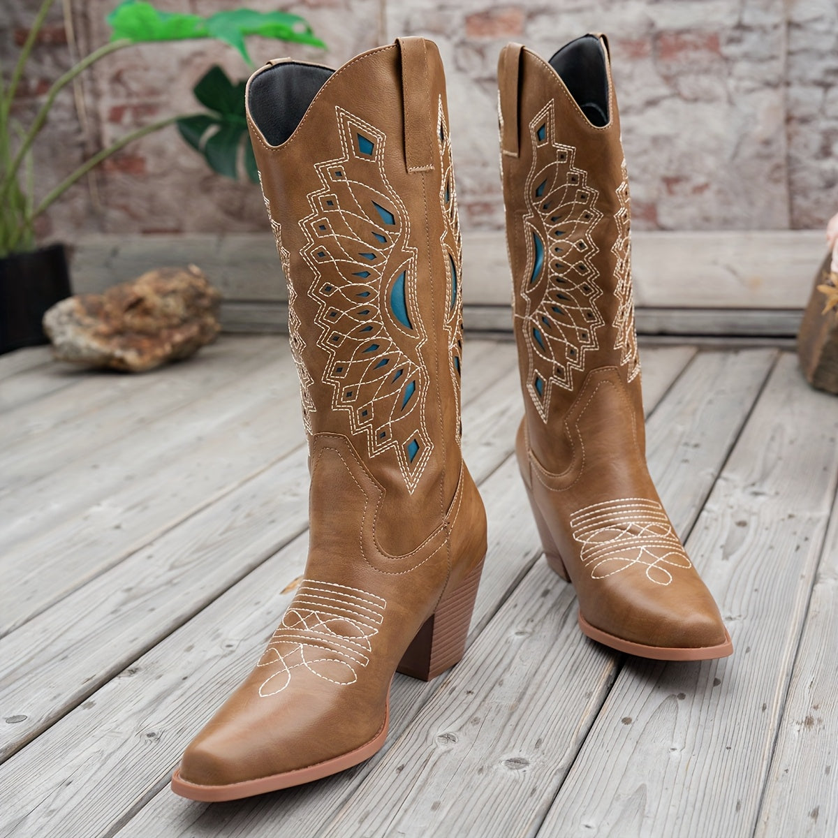 Women's Faux Leather Western Cowboy Boots Slip-On Pointed Toe Chunky Heel Blue and Brown