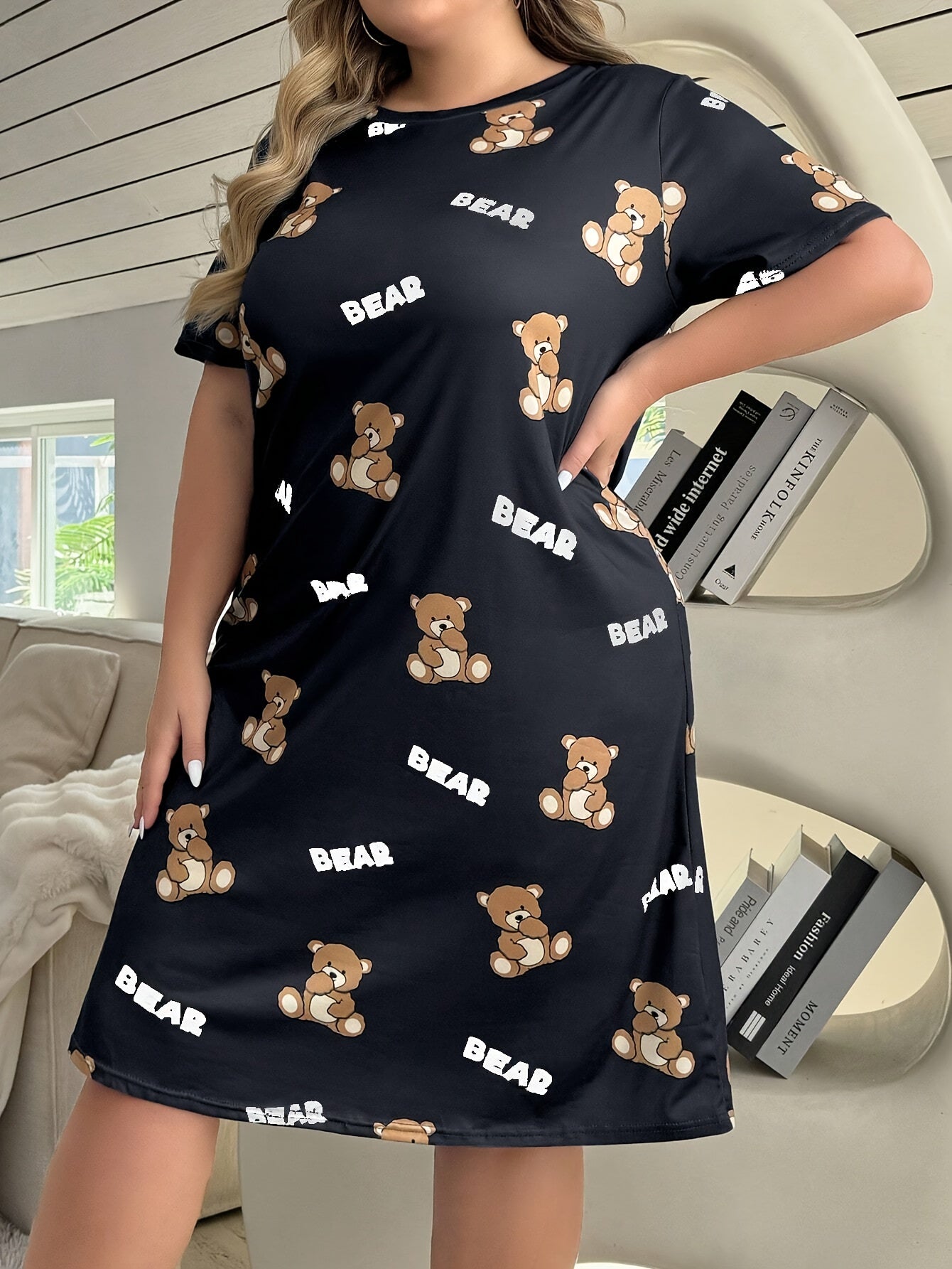 Plus Size Women's Cotton Cartoon Bear Sleep Dress Short Sleeve Nightwear