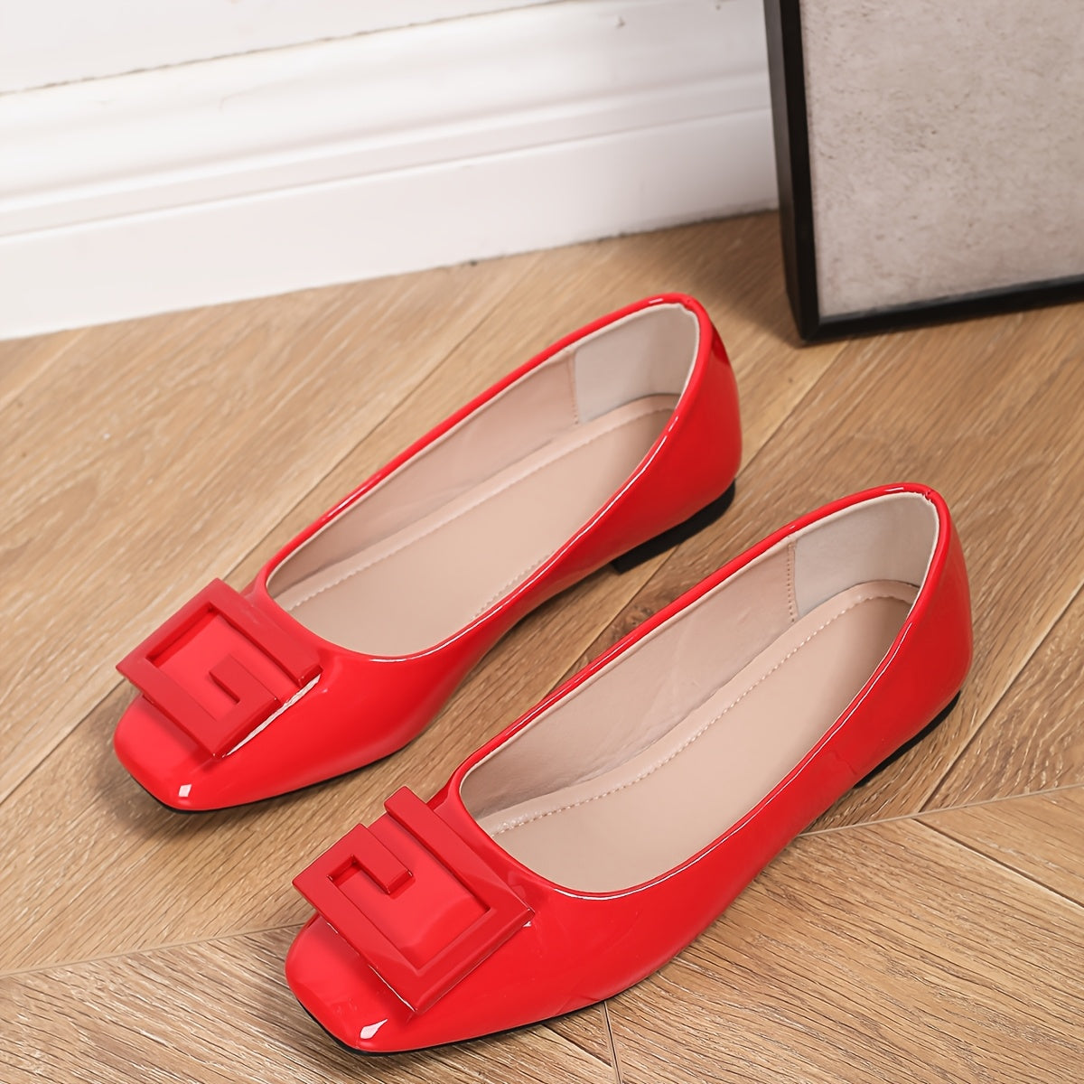 Women's Faux Leather Slip-On Flats with G Buckle Square Toe in Red Green Brown Black