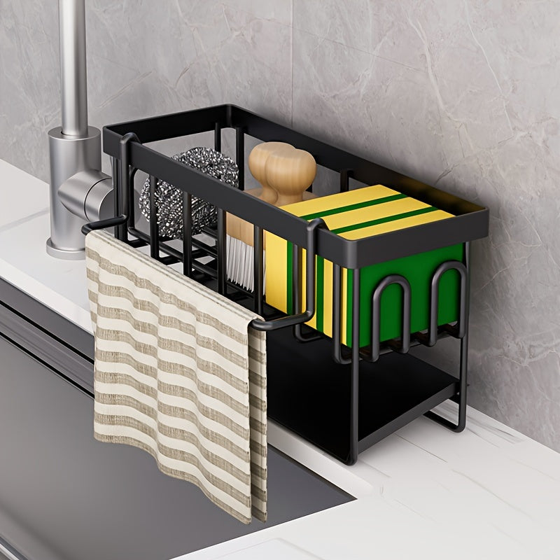 Black And White Kitchen Sink Organizer With Towel Rack And Accessories
