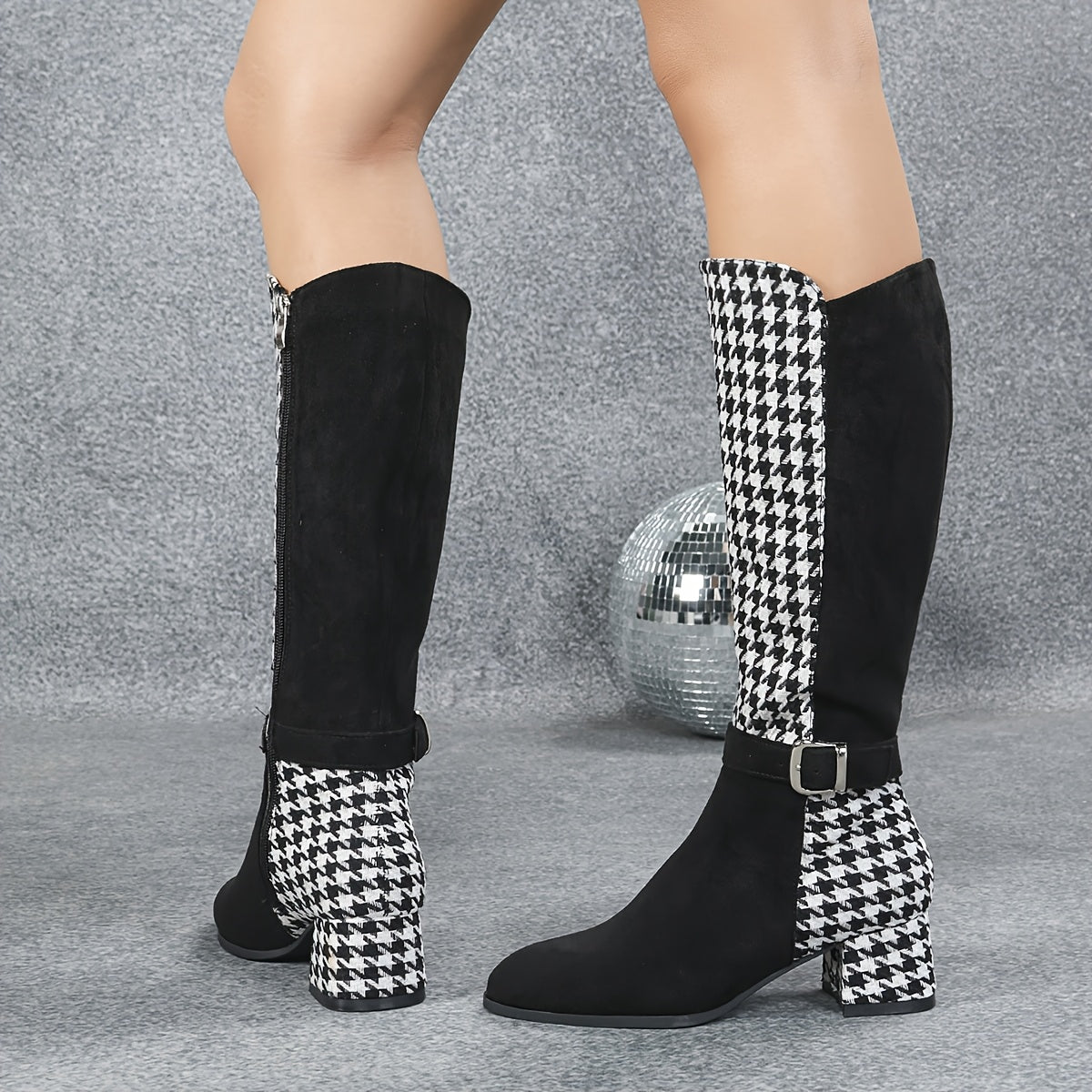 Women Houndstooth Black Block Heel Ankle Boots with Side Zipper