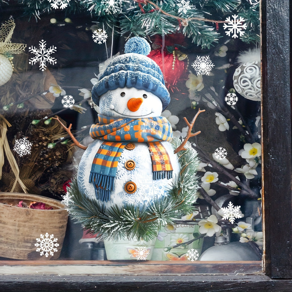 Double-Sided Christmas Snowman Window Cling Blue Hat Scarf Holiday Decor