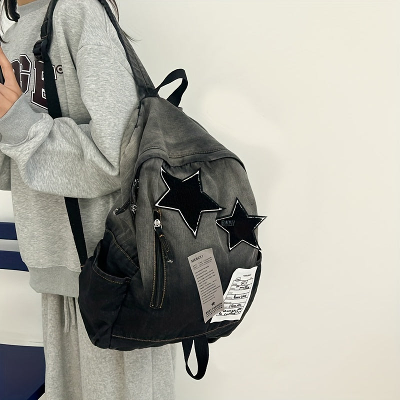 Yulduzli yamoq bilan Punk Goth Denim Ruksak, Zip yopilishi, Bir nechta bo'limlar, Talabalar va Har kuni foydalanish uchun katta sig'im