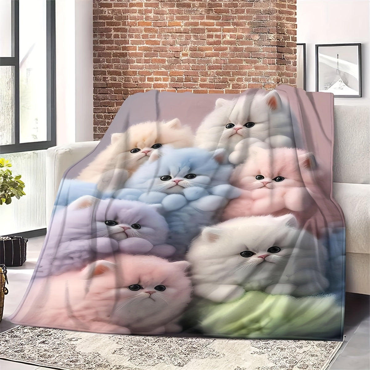 Flannel Blanket for Office Camping Home with Cute Kitten Design