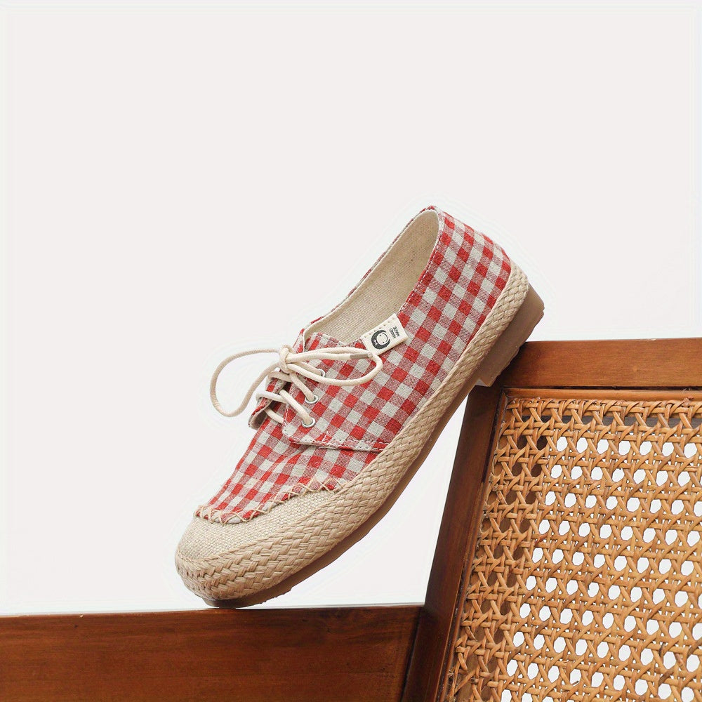 Women's Handmade Linen Style Flats Casual Checkered Lace-Up Shoes