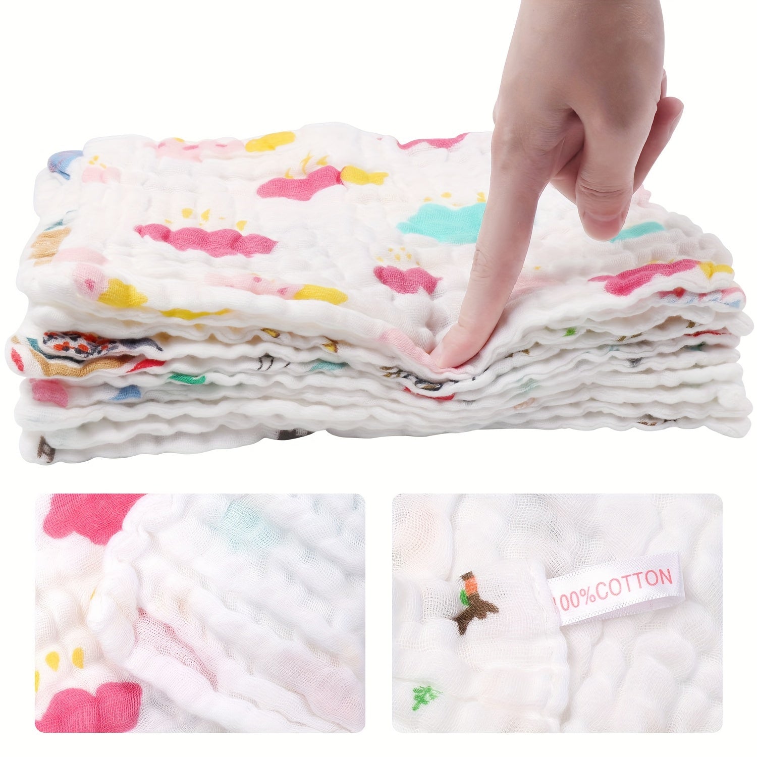 Set of 10 Reusable Cotton Muslin Face Wipes 30x30cm Ultra Soft Towels