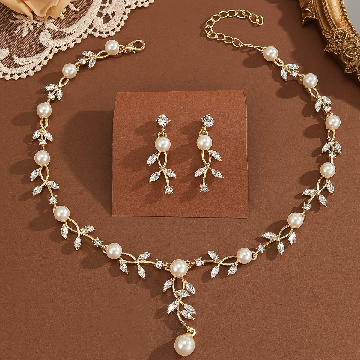Faux Pearl Crystal Bridal Jewelry Set with Necklace and Earrings for Wedding and Special Occasions