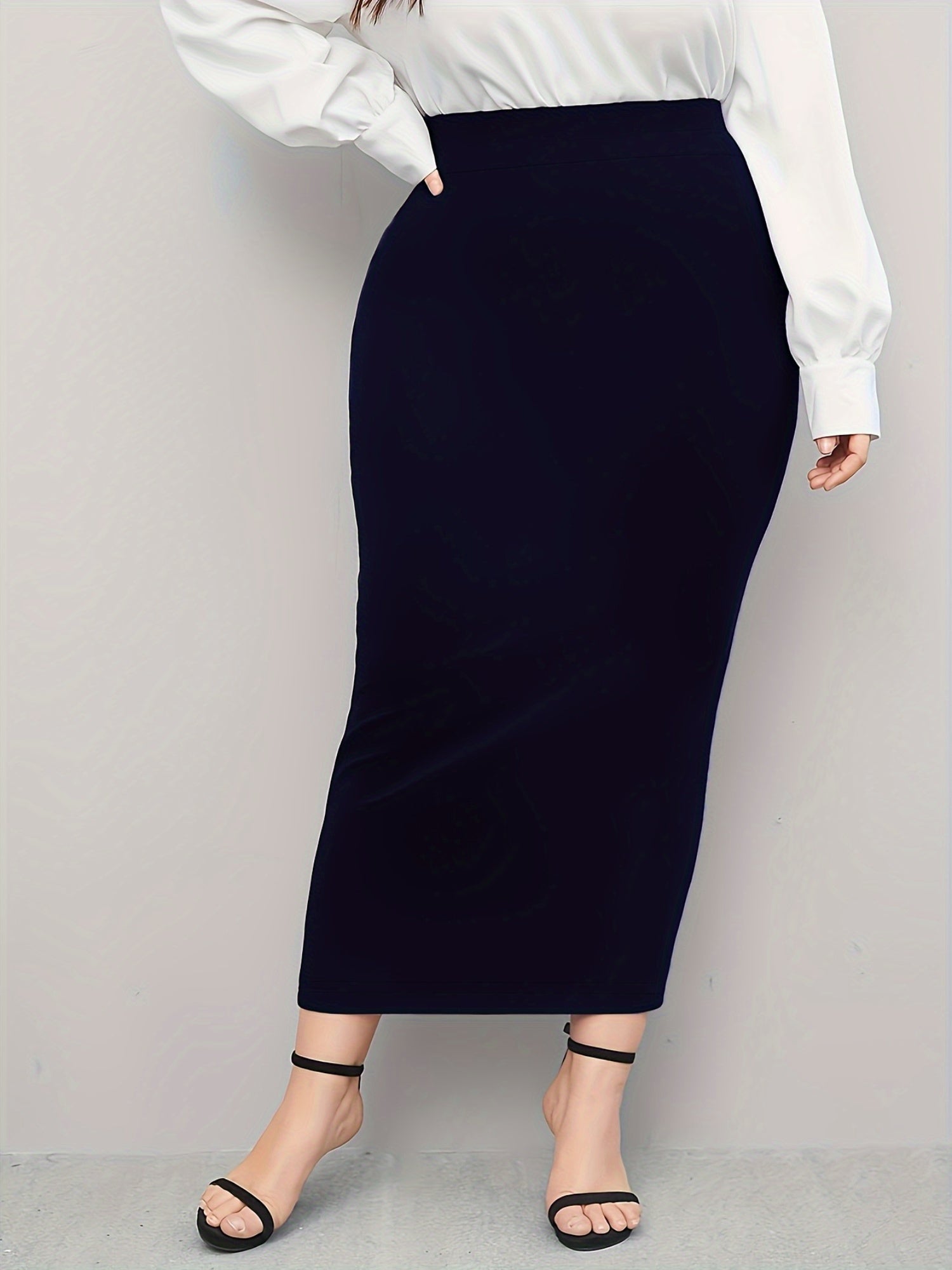 Plus Size Midi Pencil Skirt Polyester Knit Solid Color Straight Cut