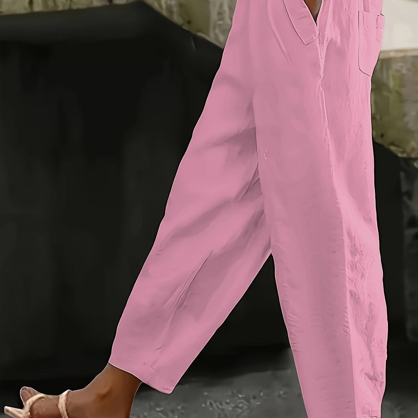 Pantalones casual de talla grande para mujer con cintura elástica y bolsillos, color sólido, pierna ancha