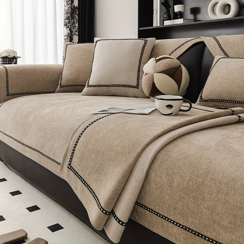 Chenille Sofa Cover with Lace Trim Non-Slip All-Season Furniture Protector Machine Washable