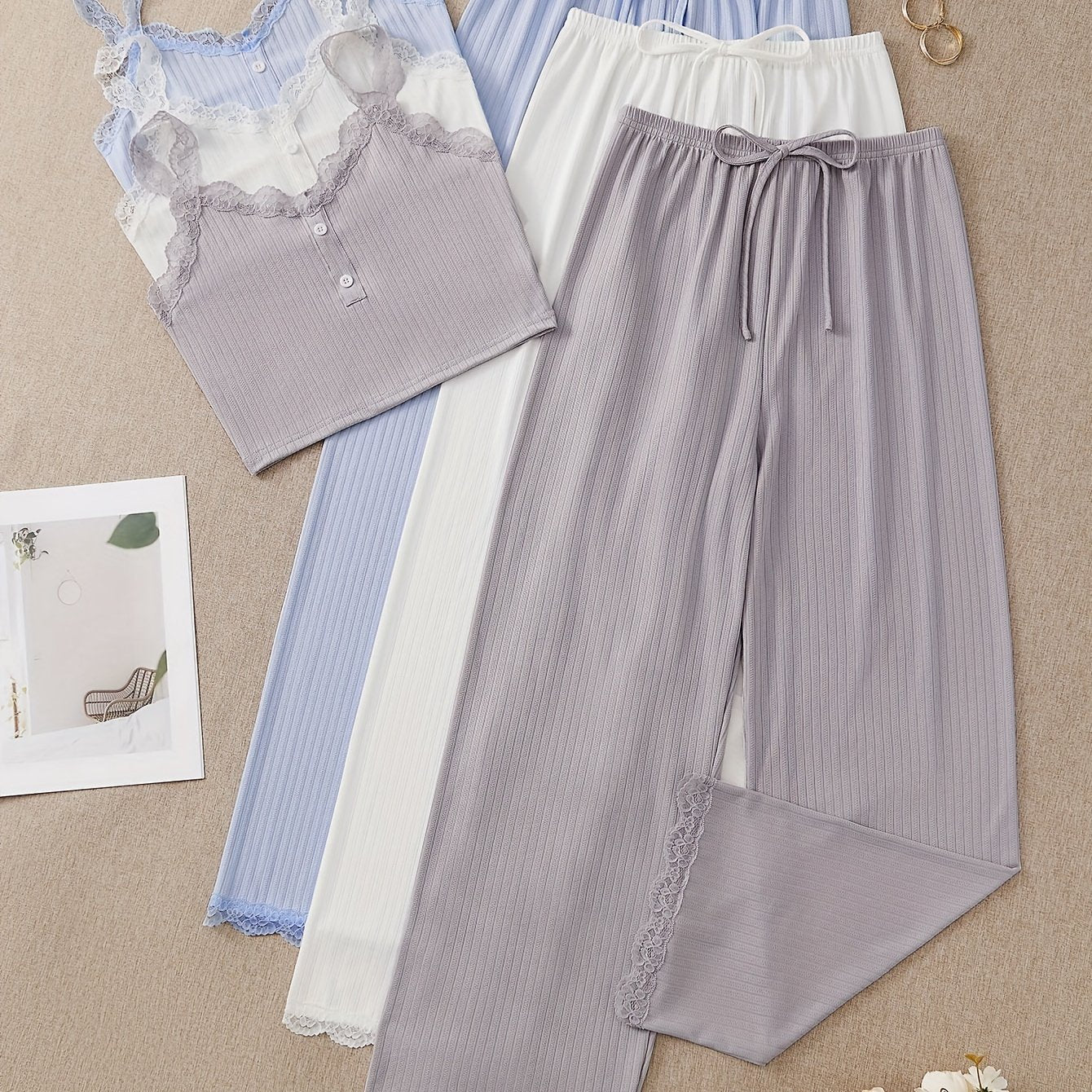Women's Ribbed Lounge Set with Lace Trim Crop Cami Top and Long Pants