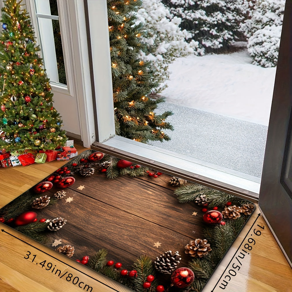 Alfombra decorativa antideslizante para las vacaciones de invierno con árboles de pino, copos de nieve y textura de madera falsa