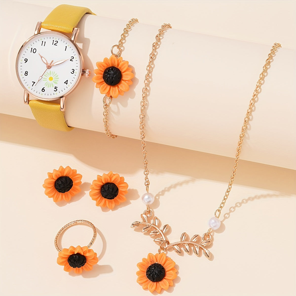 Women's Daisy Flower Quartz Watch with Analog Display and Leather Band 1 2 or 6 Pieces