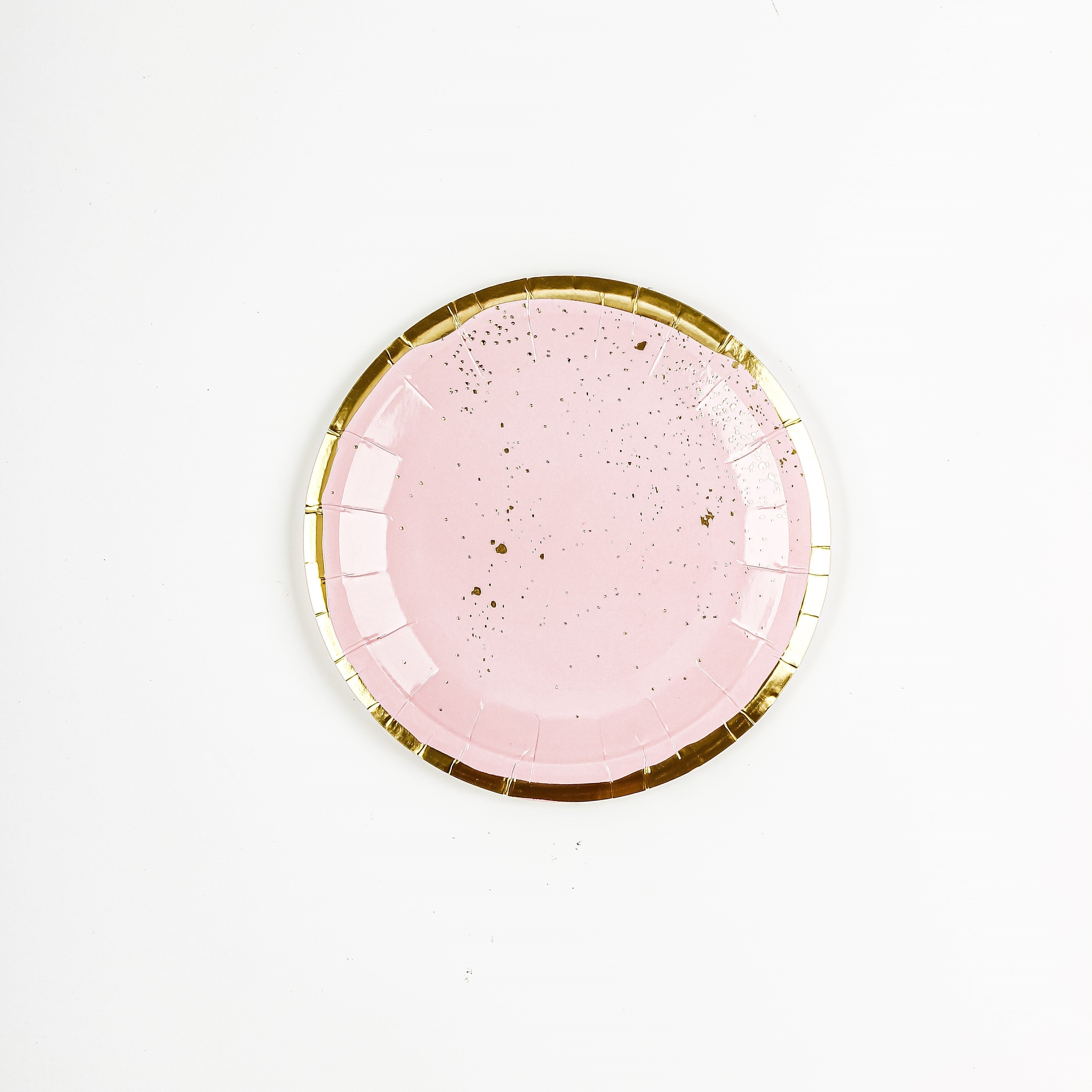 Set of 8 to 16 Pink and Gold Foil Polka Dot Disposable Cutlery Plates Cups with Heart Napkins for Parties Weddings Holidays