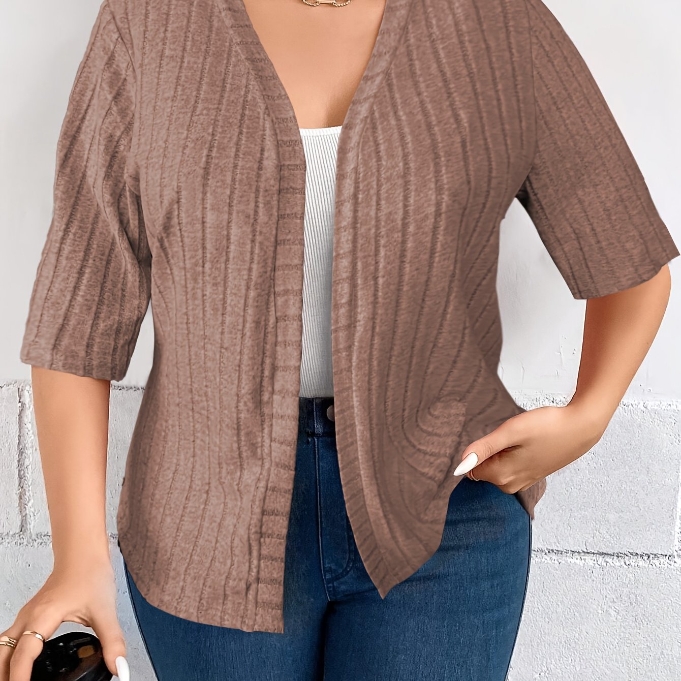 Plus Size Women's Solid Color Open Front Cardigan Fall Spring Knitwear