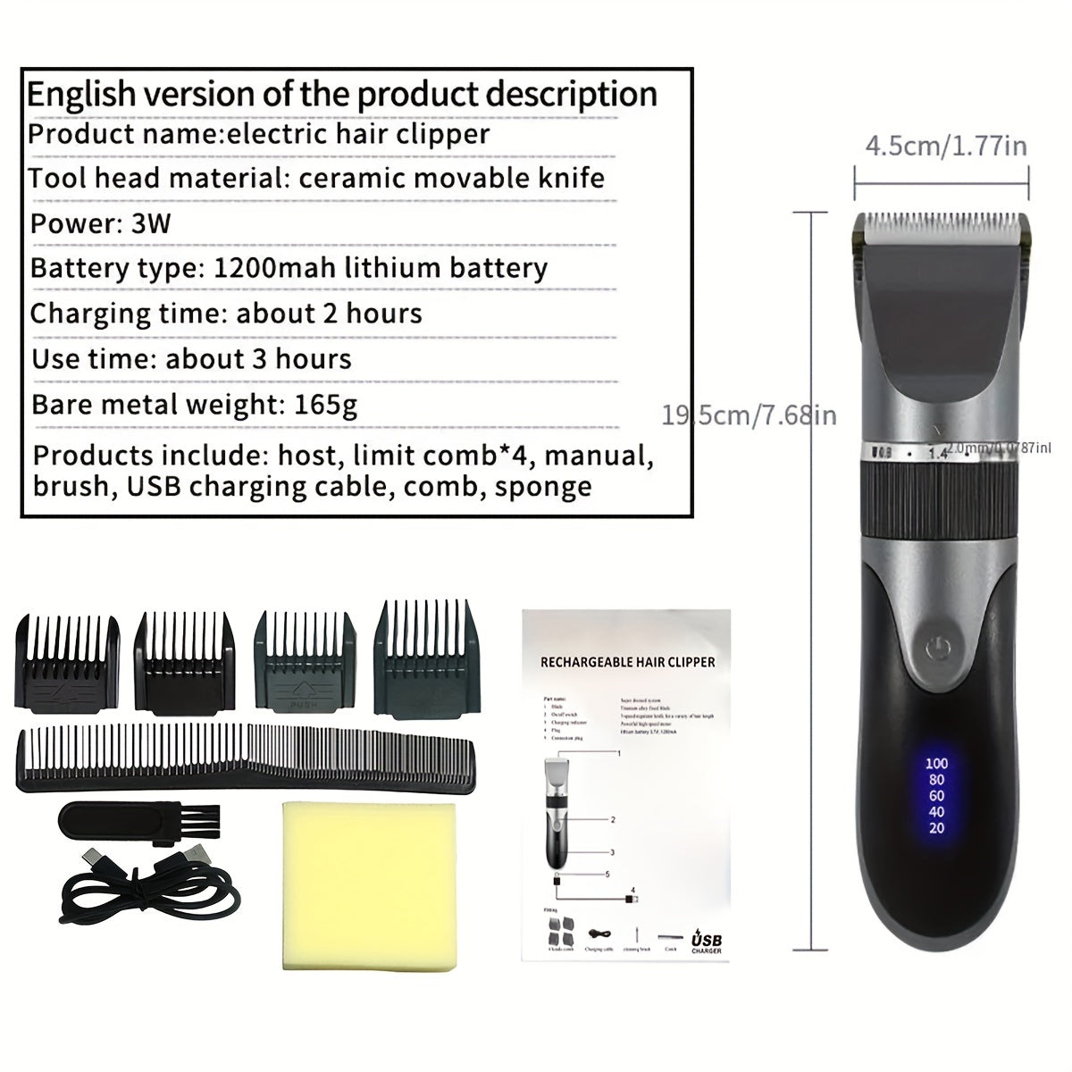 Professional Hair Clipper Set with Ceramic Blades LED Display USB Rechargeable Lithium Battery