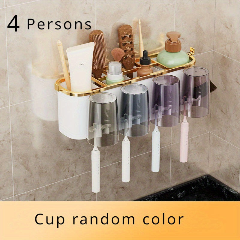 Wall-Mounted Plastic Toothbrush Holder with Rinse Tumbler Set Self-Adhesive Family Pack for Electric Toothbrushes