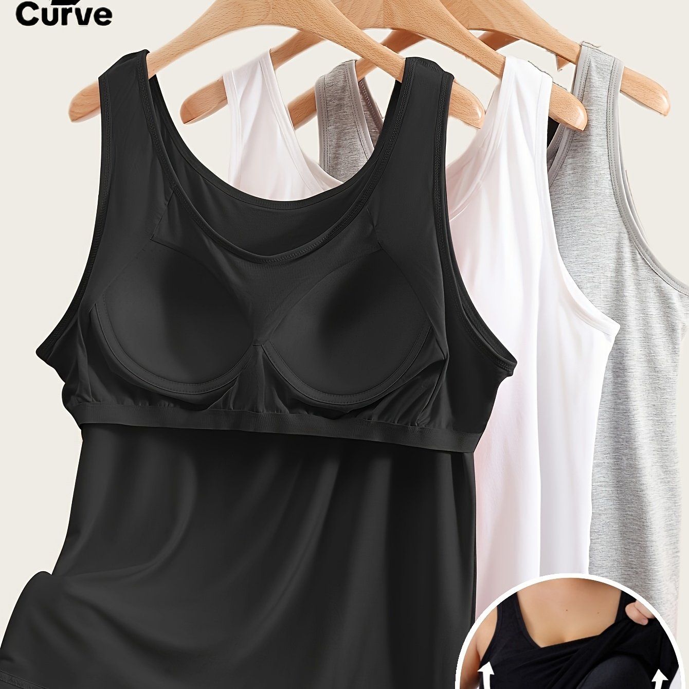 Women's Plus Size Soft Stretch Tank Tops with Built-In Bras Solid Color Pack of 3