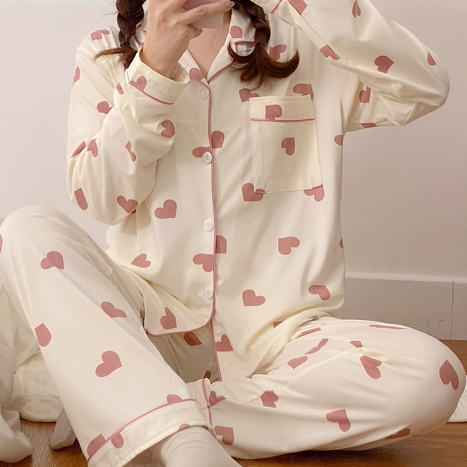 Women's Heart Pattern Pajama Set Polyester Long Sleeve Spring Fall Casual