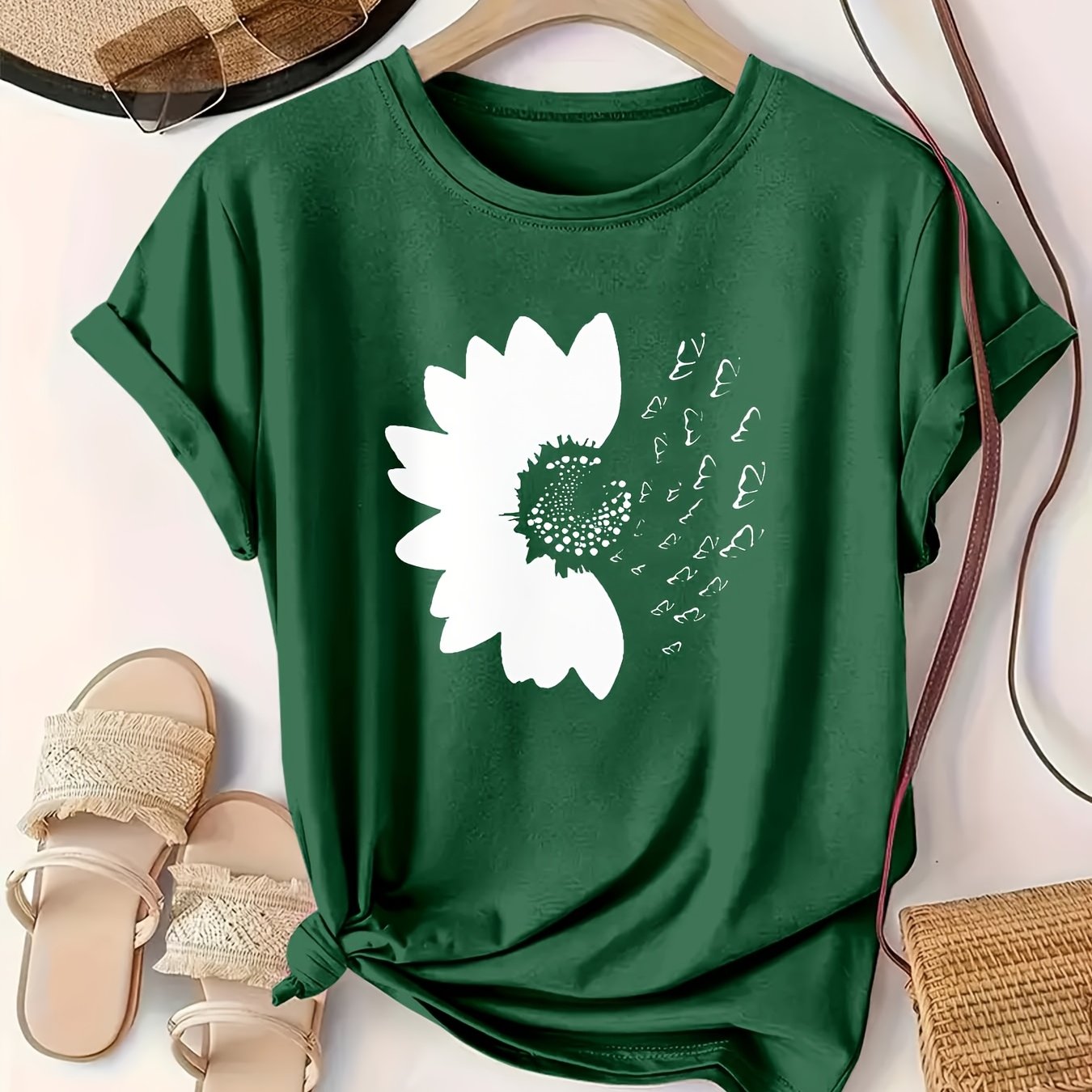 Plus Size Women's Cotton Casual Short Sleeve T-Shirt Black Floral Print