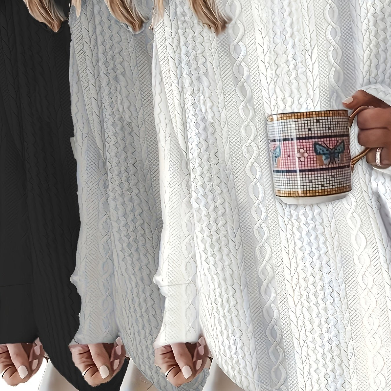 Plus Size Women's Cable Knit Long Sleeve T-Shirts Polyester Casual Pullover Top 3-Pack