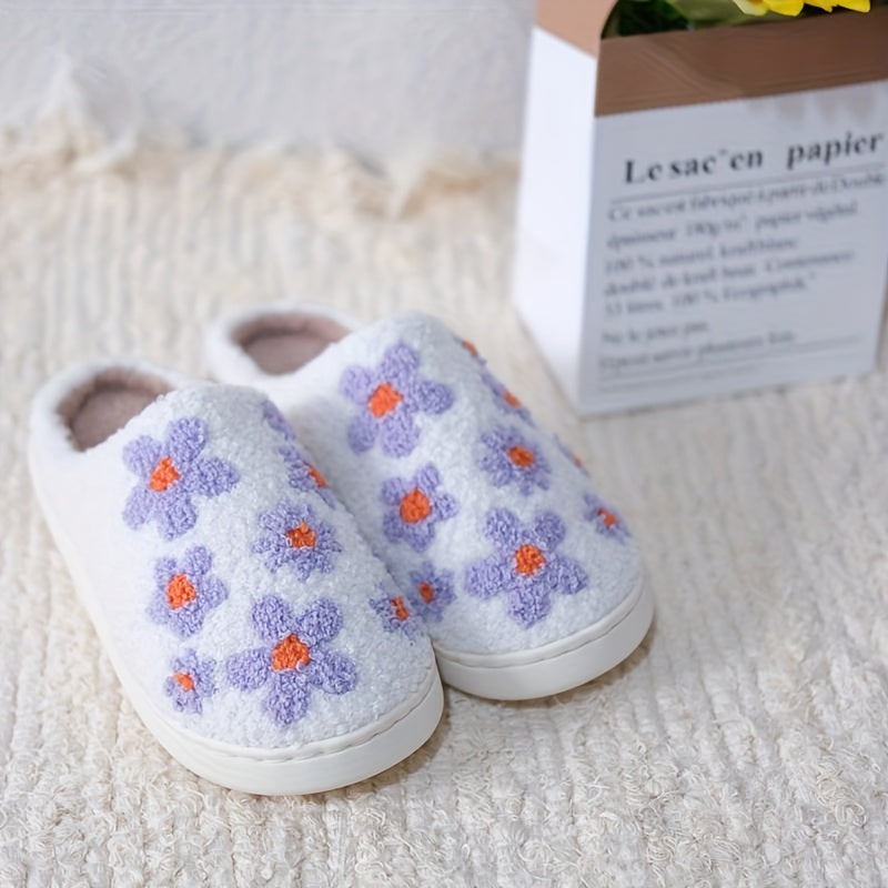 Unisex Plush Lilac Floral Slippers Warm Indoor House Shoes