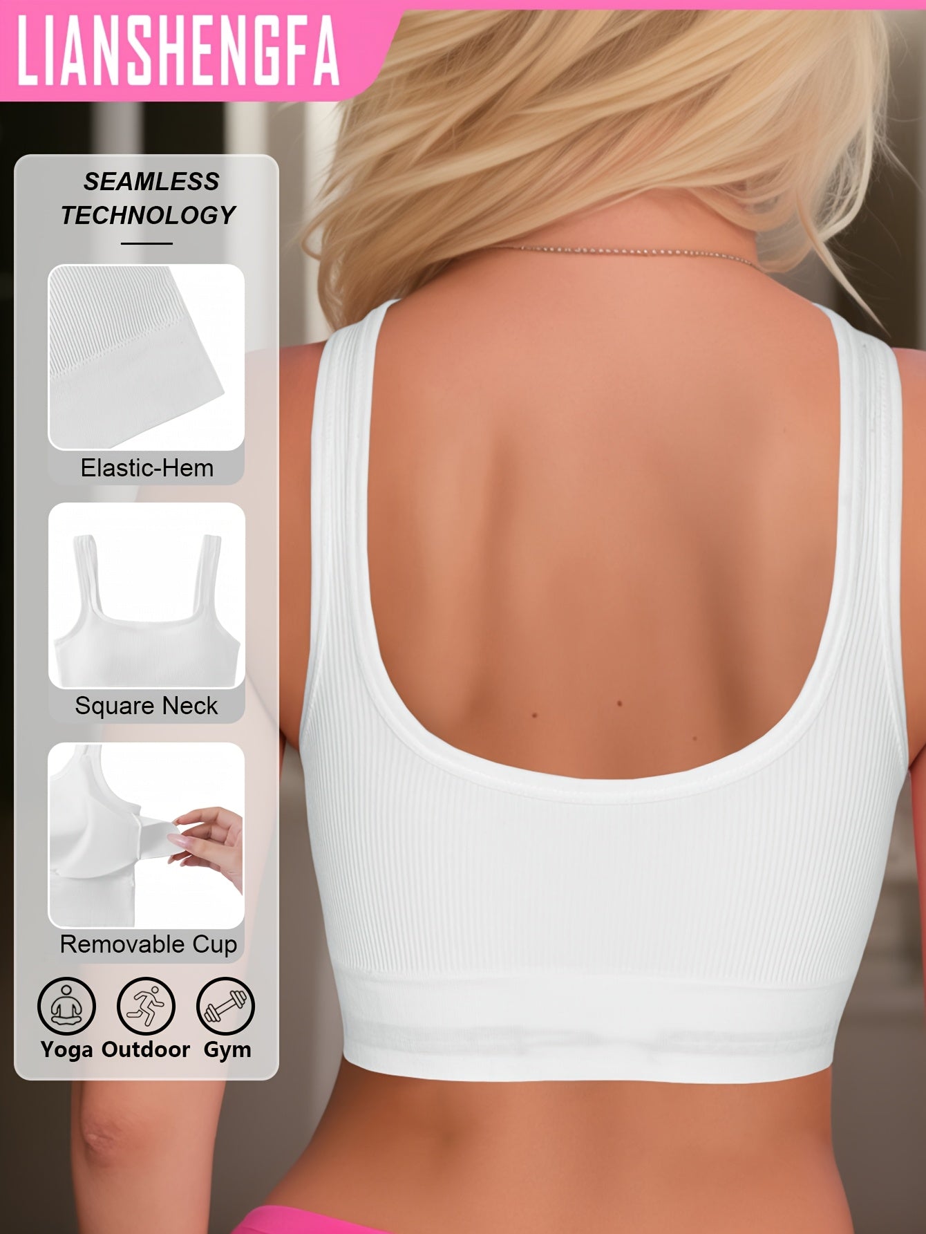 LIANSHENGFA Спортивный бюстгальтер с высокой поддержкой для женщин однотонного цвета, бесшовный квадратный вырез, дышащая ткань с съемными вставками, вязаный материал, без спинки для фитнеса и активного отдыха.