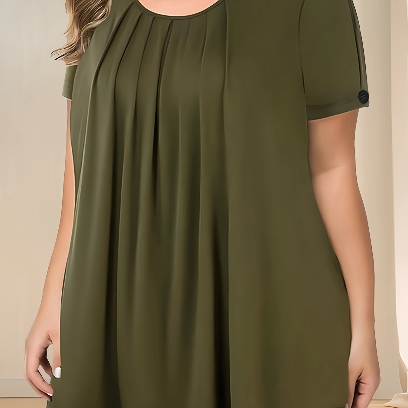 Camiseta de mujer de talla grande con pliegues y botones, verano casual de color sólido con cuello redondo