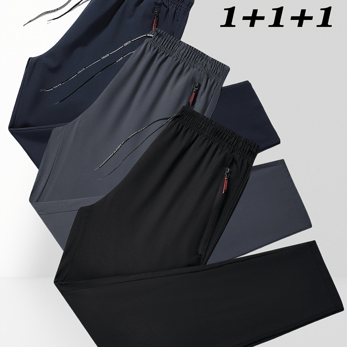 Pantalones jogger de poliéster azul marino y negro para hombre con bolsillos con cremallera, talla grande, primavera y verano