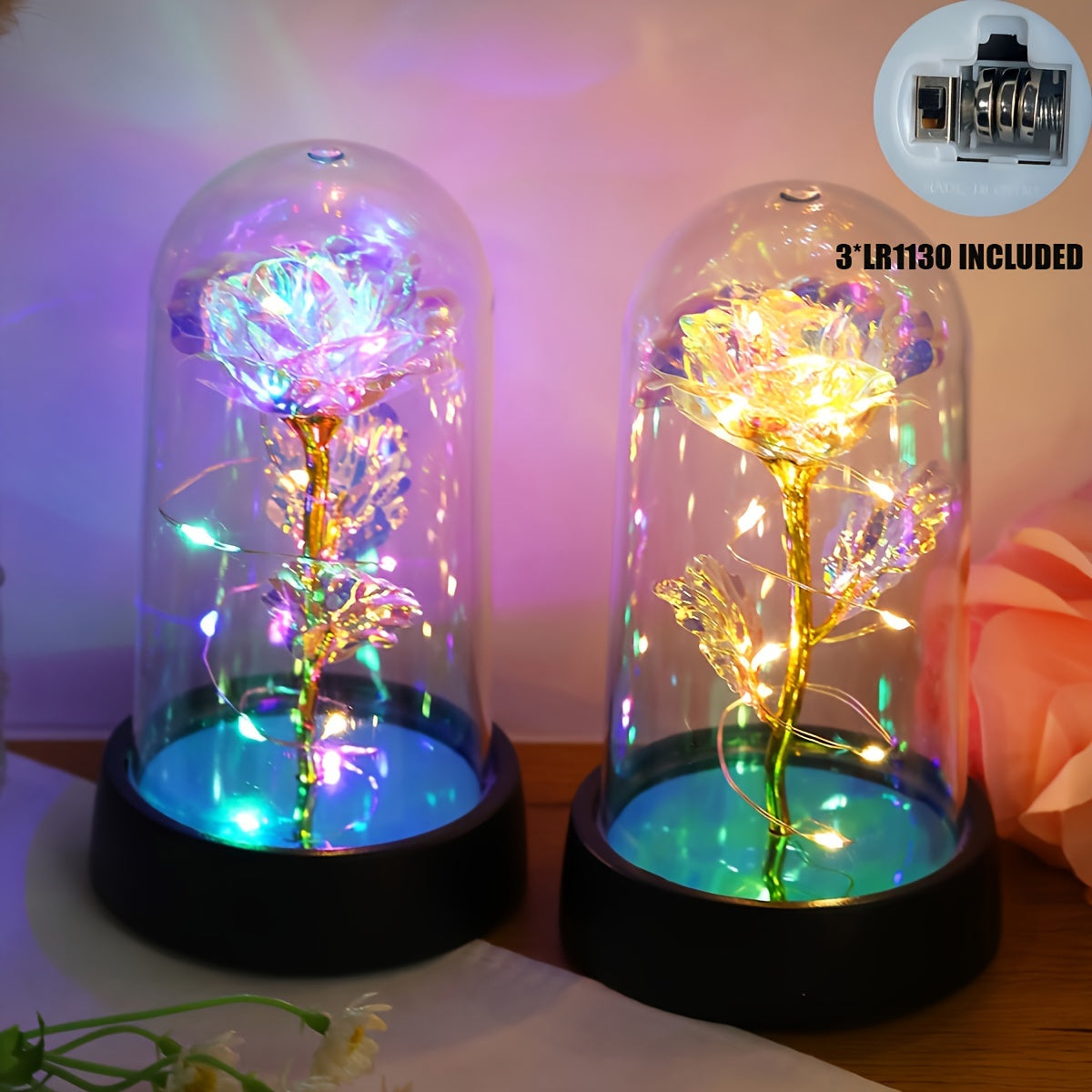 Colorful Rose Flower Night Light for Couples Desktop Decoration Battery Operated