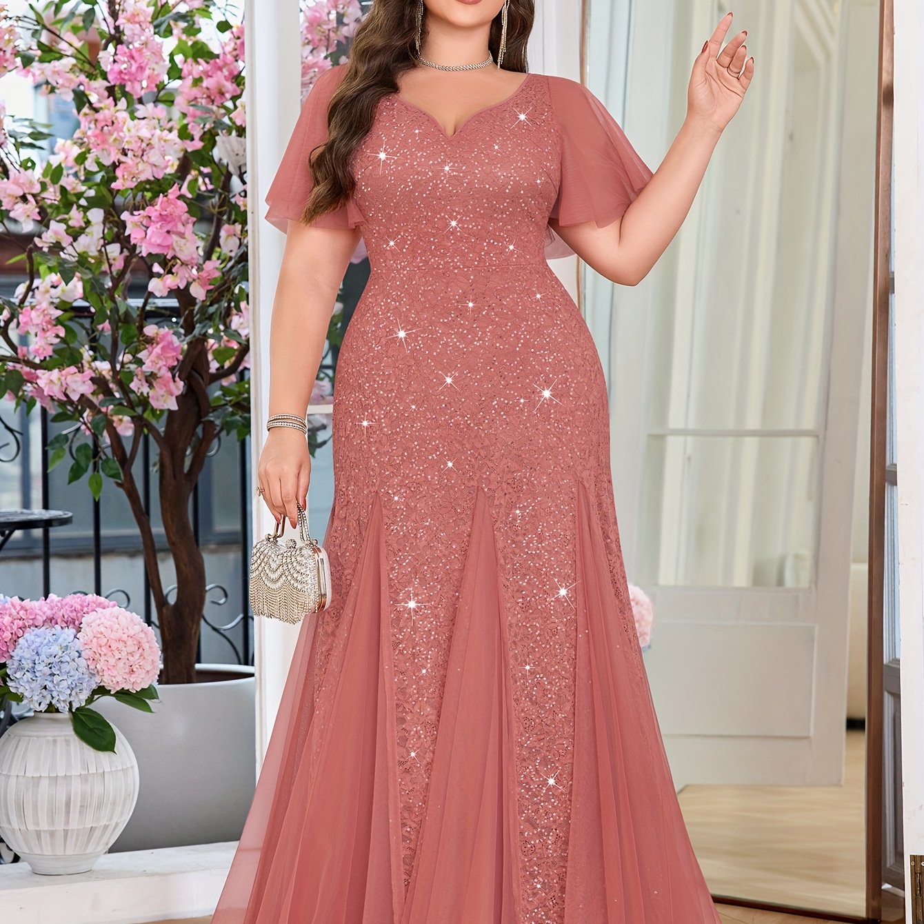 Plus Size Emerald Green Sequin Wedding Dress with Ruffle Sleeves and Lace Contrast